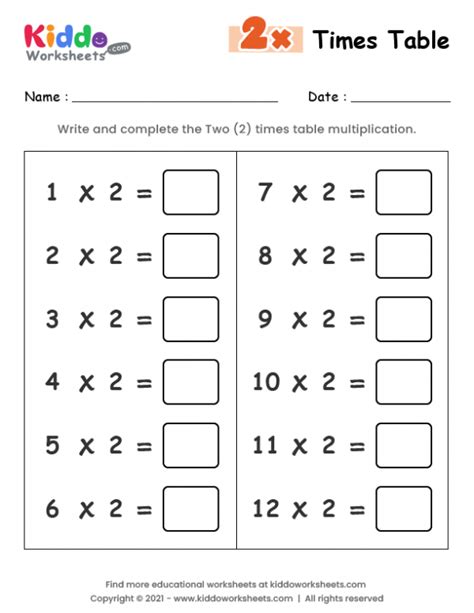 Image result for Multiplication Table 2 Worksheet