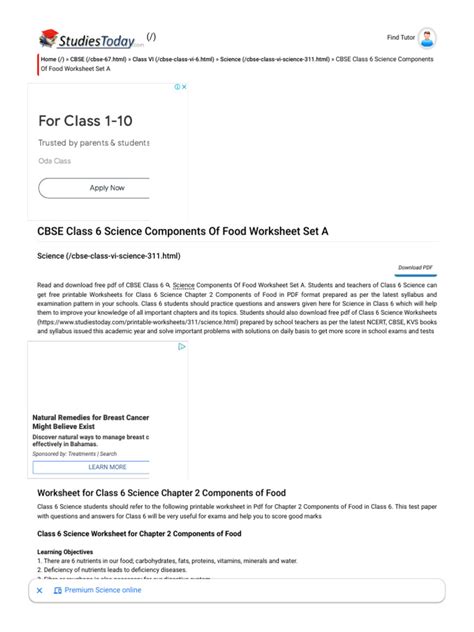 Class 6 Science Components of Food Worksheet に対する画像結果
