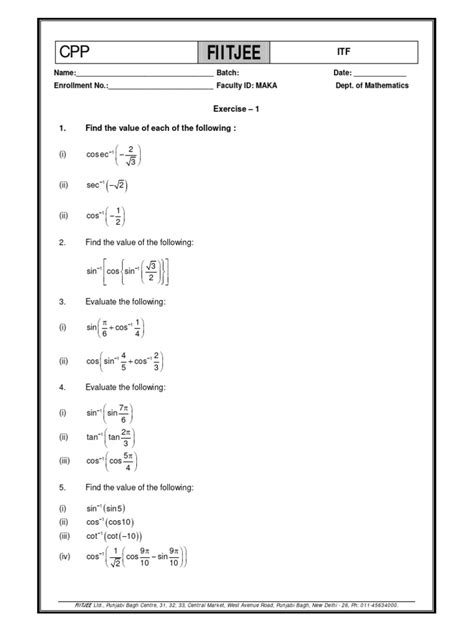 Image result for Inverse Trig Functions Worksheet.doc