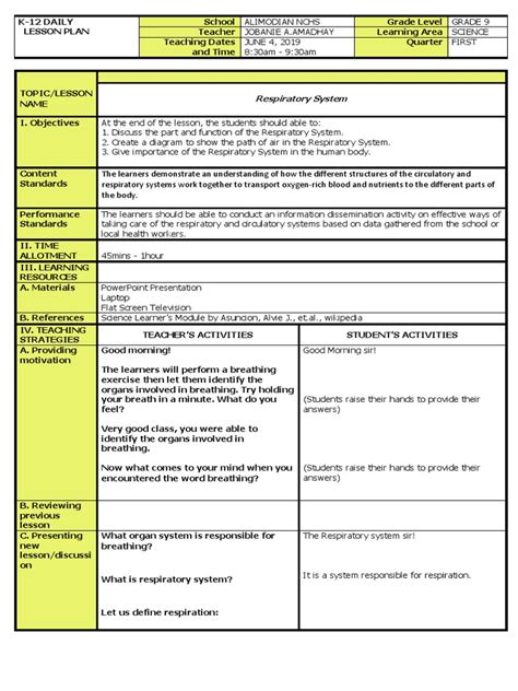 Image result for Lesson Plan Objective Examples Respiratory System
