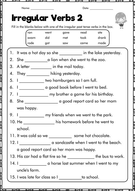 Toradh íomhá ar Grade 2 Language Worksheets Verbs