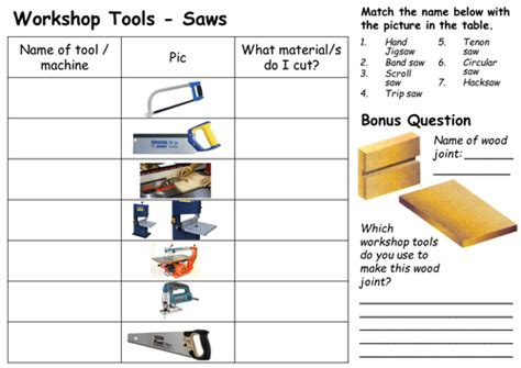Image result for Workshop Tools Worksheet