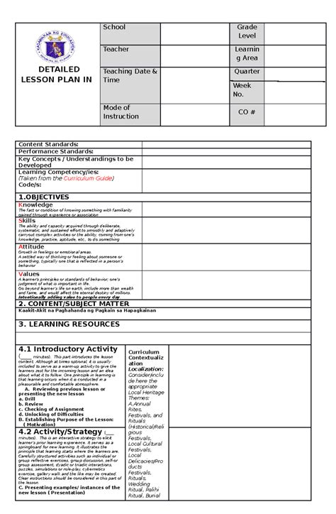 Toradh íomhá ar Grade 12 Lesson Plan Template