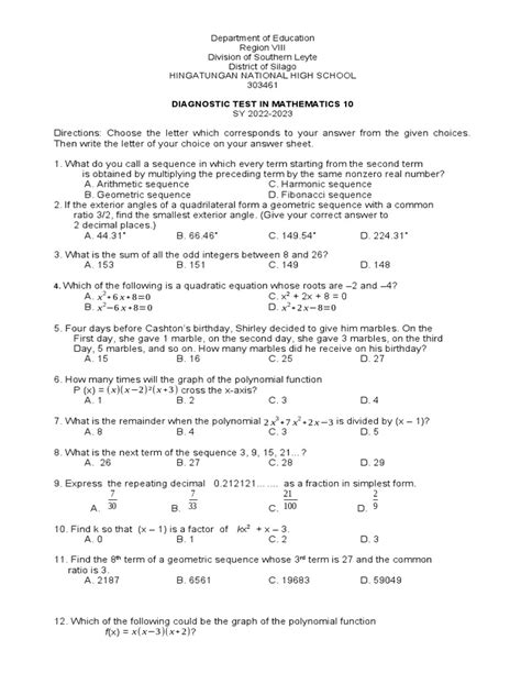 Image result for Mathematics Test Grade 10