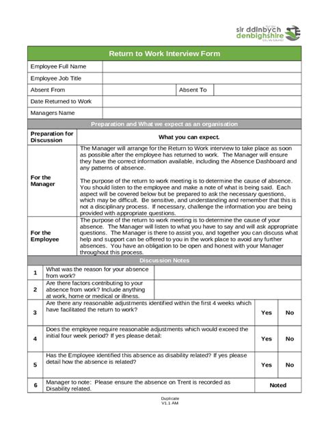 Image result for Back to Work Interview Form