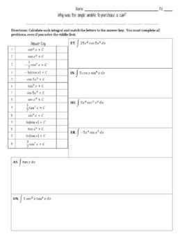 Image result for Trig Sub Integrals Worksheet