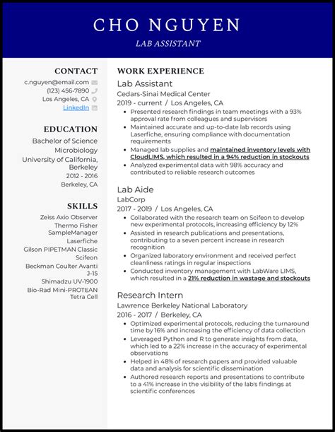 Toradh íomhá ar Lab Assistant Resume Word Document Example