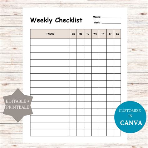 Image result for Free Editable Weekly Checklist