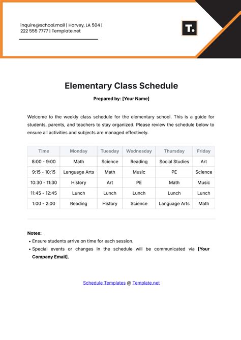 Bildergebnis für Elementary Class Schedule Template