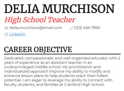 Image result for Teacher Resume Objective Statement Examples