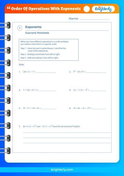 Toradh íomhá ar Exponents Order of Operations Worksheet with Answers