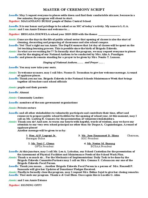 Image result for Master of Ceremony Script