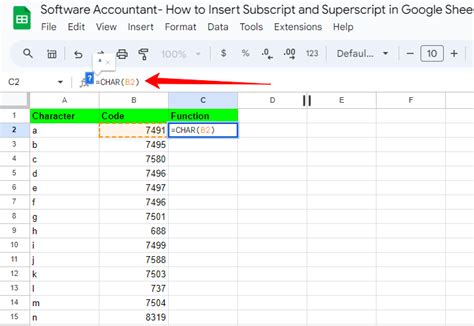 Toradh íomhá ar Subscript in Google Sheets