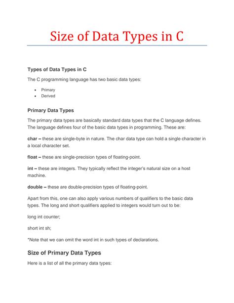 Image result for C Programming Data Types Size