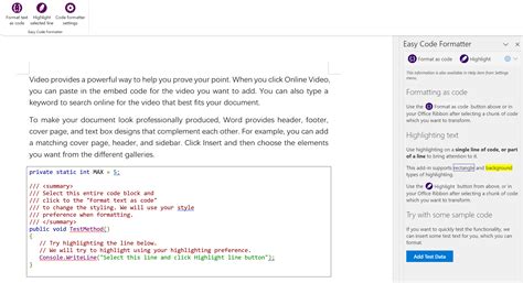 Image result for Word Add Code Snippet with Coloring