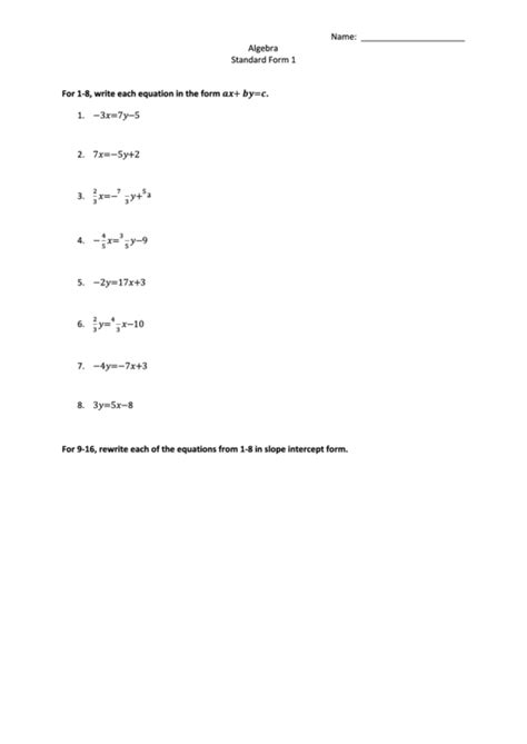Standard Form Worksheet Algebra 1 に対する画像結果