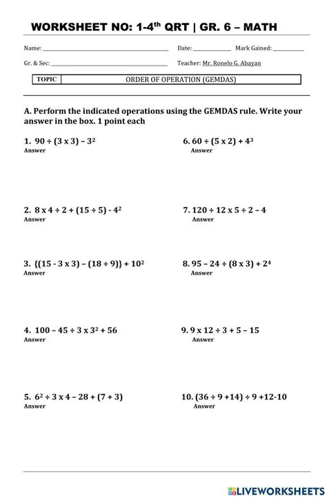 Image result for Order of Operations Worksheet for Grade 6