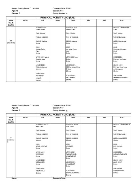 Image result for Physical Activity Log Example