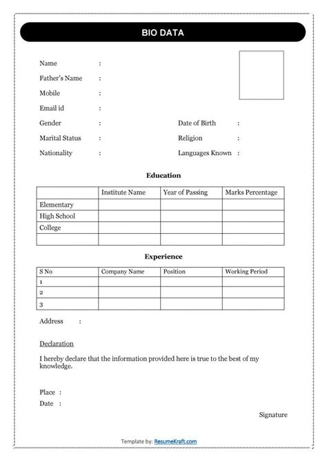 Image result for Simple Biodata Sample Form