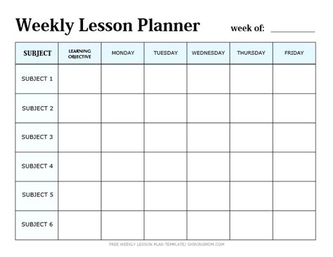 Image result for Free Printable Weekly Lesson Plan