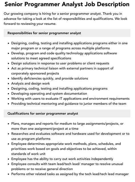 Image result for Senior Programmer Job Description Summary Examples