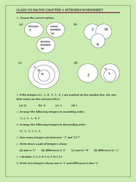 R Class 7 Maths Integers Worksheet に対する画像結果