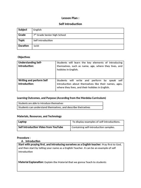 Toradh íomhá ar Students Self Introduction Lesson Plan