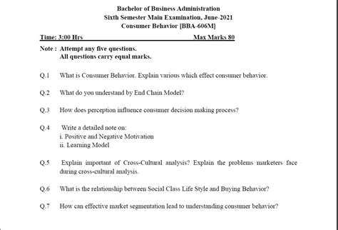 Image result for Consumer Behaviour BBA Question Paper