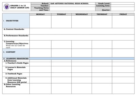 Daily Lesson Log Template DepEd に対する画像結果