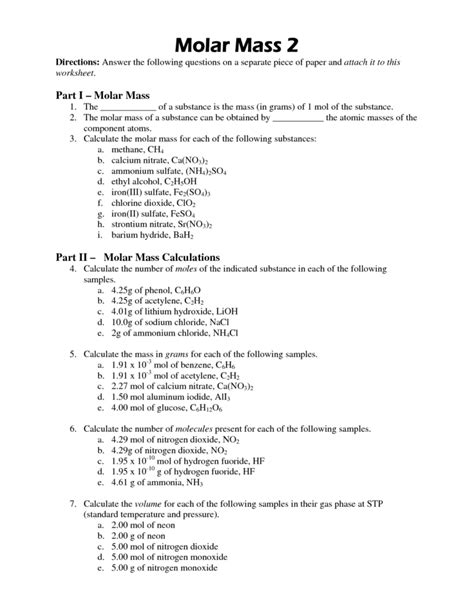 Image result for Molar Mass Worksheet Answer Key