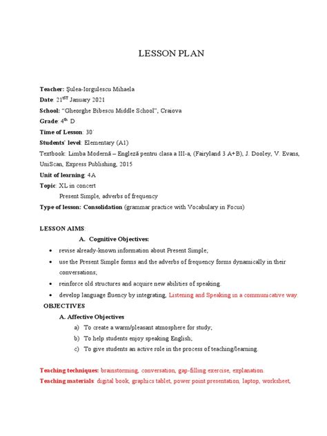 Image result for Lesson Plan Template Present Simple