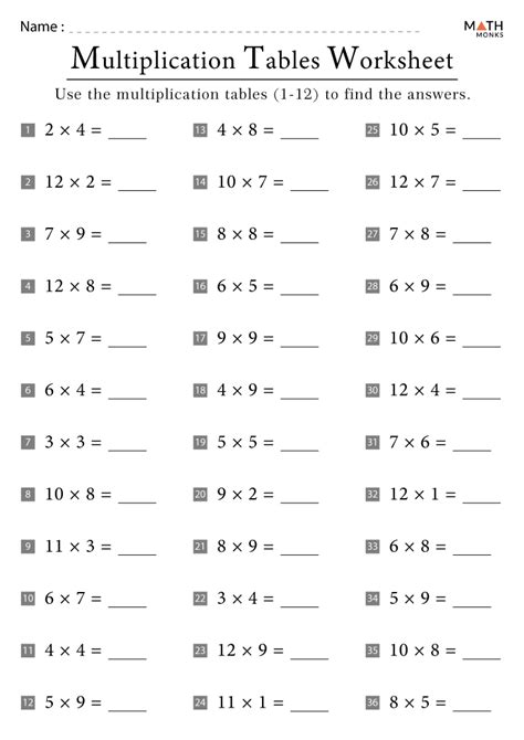 Image result for Multiplication Table Worksheet