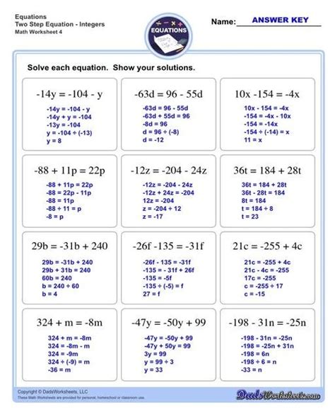 Afbeeldingsresultaten voor 2 Step Equations Whole Numbers Worksheet