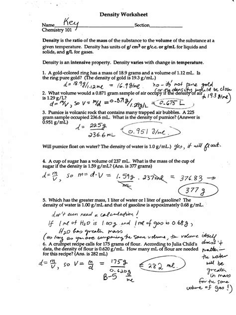 Afbeeldingsresultaten voor Density Worksheet 1 Answer Key