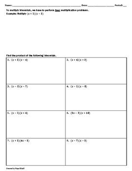 Image result for Multiplying Binomials Practice Sheet Easy