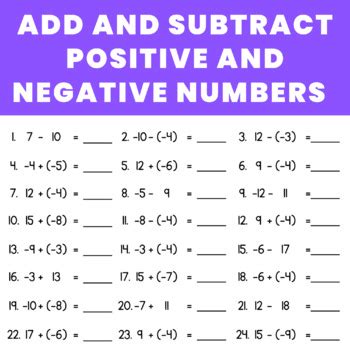 Toradh íomhá ar Negative Number Addition Worksheets
