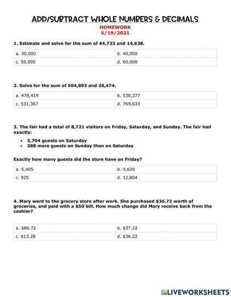 Math Decimal XS Whole Number Math Work Sheet に対する画像結果
