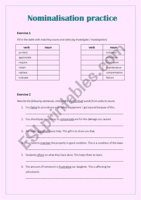 Toradh íomhá ar Nominalisation Worksheet Class 8