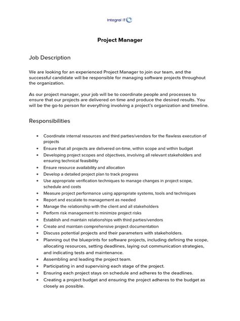 Image result for Project Manager Job Description Sample