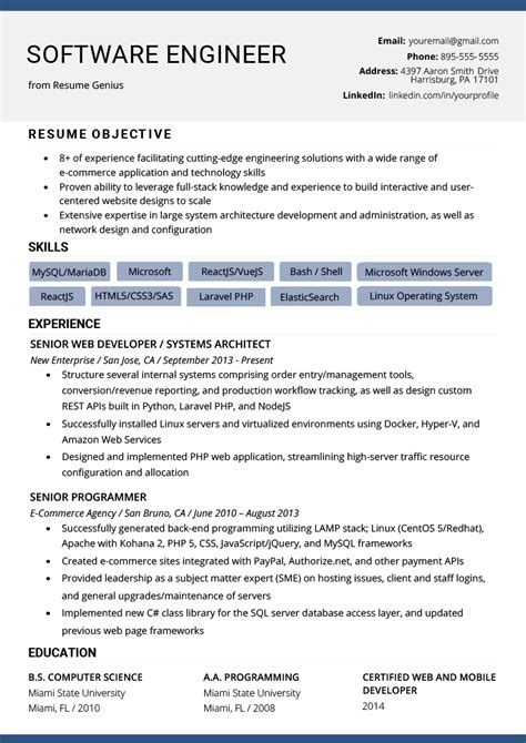 Toradh íomhá ar Experienced Software Engineer Resume Template