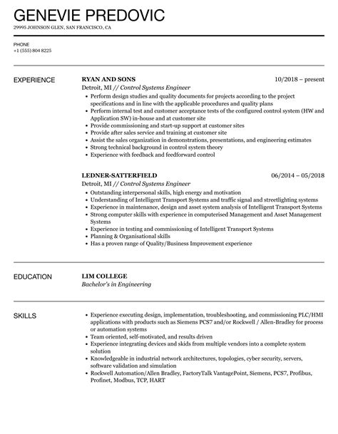 Image result for Control System Engineer Resume