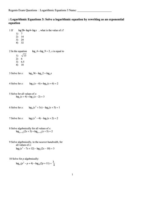 Logarithmic Equations Worksheet printable pdf download
