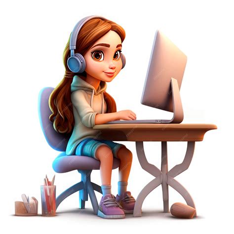 Premium Photo | Drawing in the style of 3D cartoon Girl at the computer