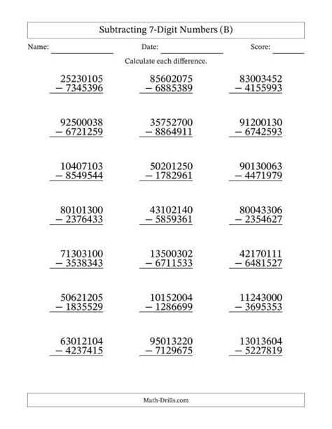 Image result for Math Subtraction 7 Digit