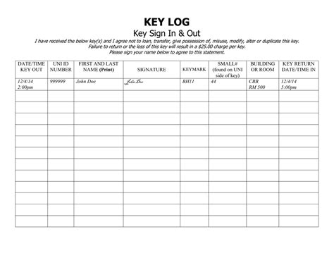 Image result for Key Log Template PDF