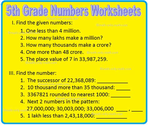 Image result for Large Numbers Class 5 Worksheet
