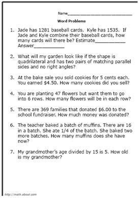 Image result for Grade 4 Math Worksheets Word Problems