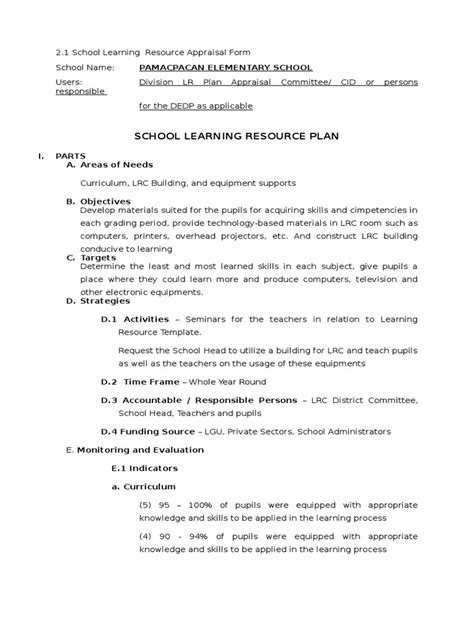 Afbeeldingsresultaten voor Learning Resource Plan Sample