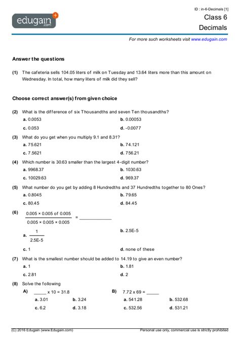 Decimal Worksheets Grade 6 に対する画像結果