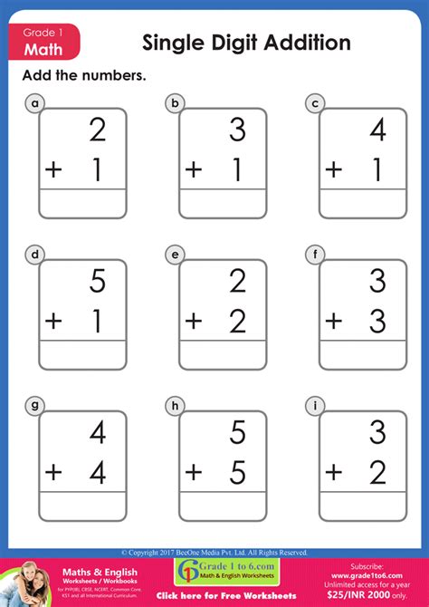 Image result for Math 1 Digit Addition Worksheets
